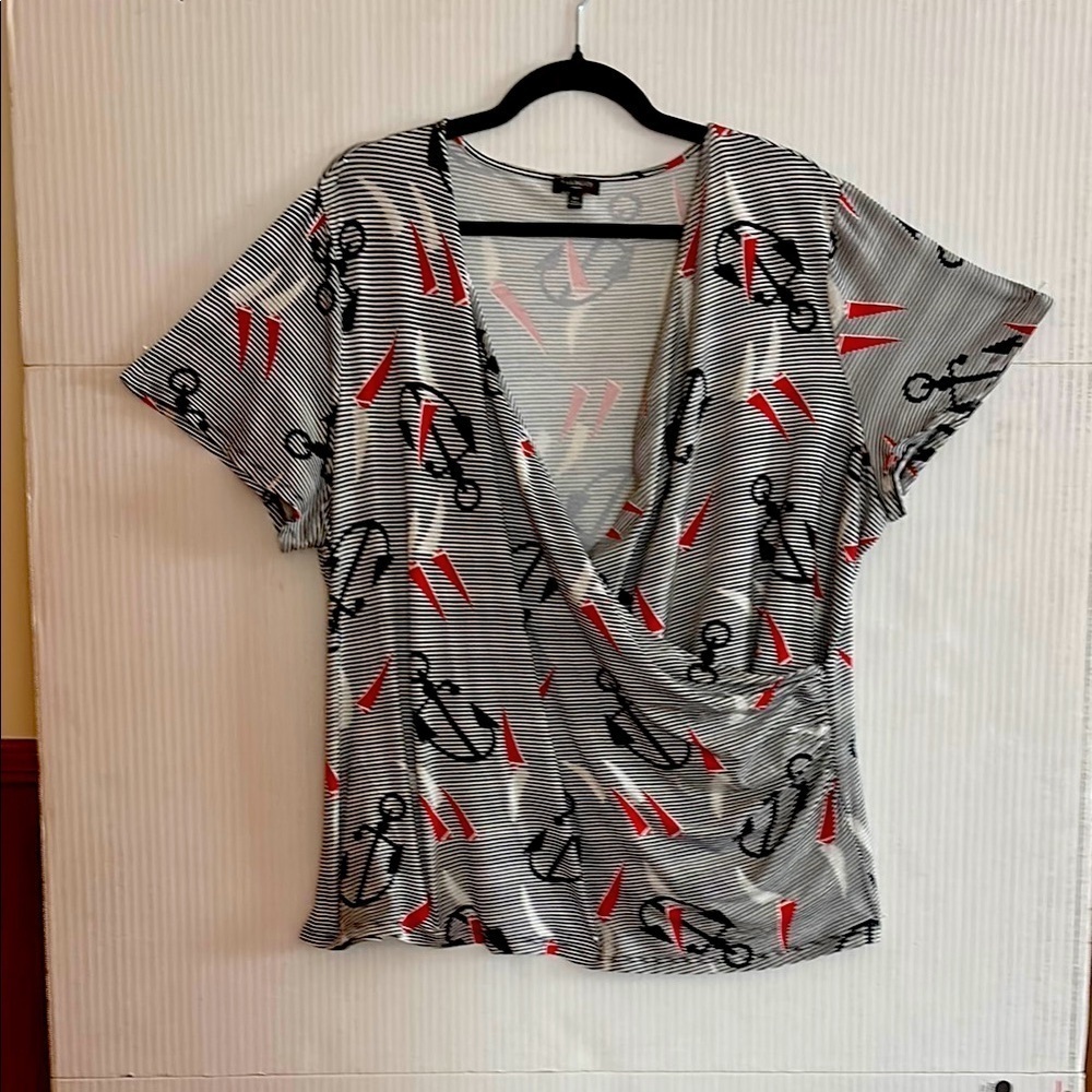 Talbots Woman Shirt/Top Nautical Graphic Faux Wrap Short Sleeves Size 2X